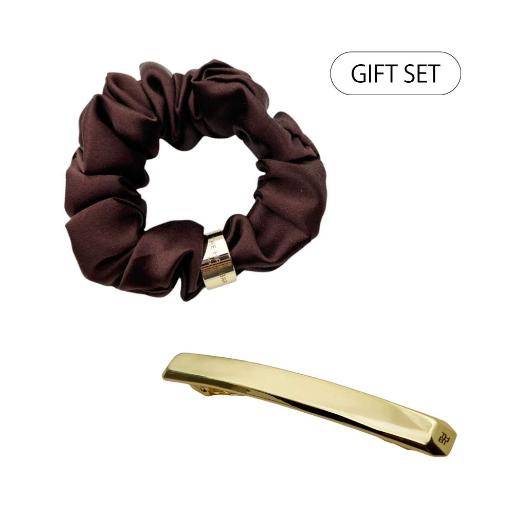【WEB限定 Mother's Day gift set】シルク スクランチー ウィズ ボールド リング+メタル ジェム 10cmバレッタ(BRN/GLD)