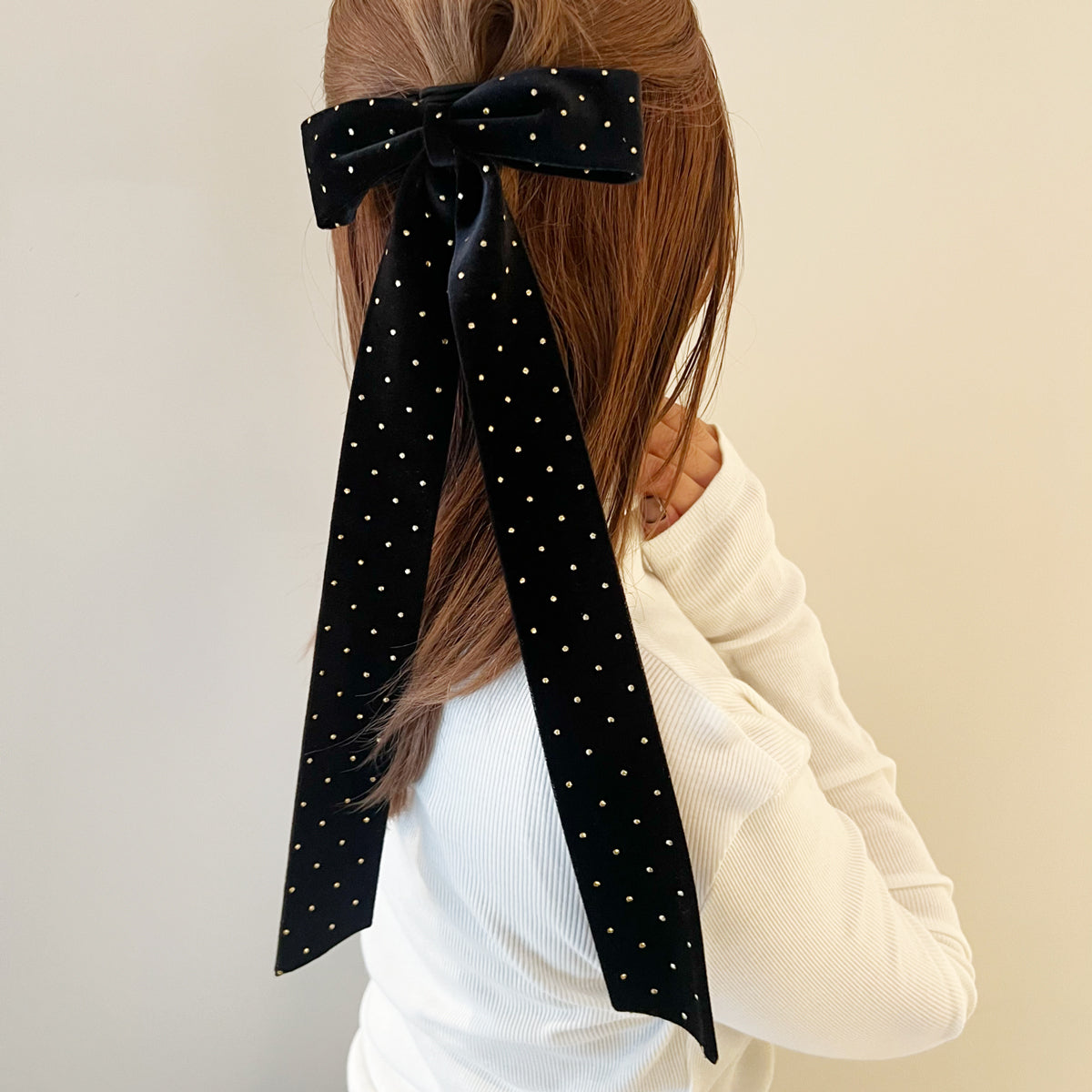 ベルベット ロング ボウ ウィズ ゴールド スタッズ 10cm バレッタ