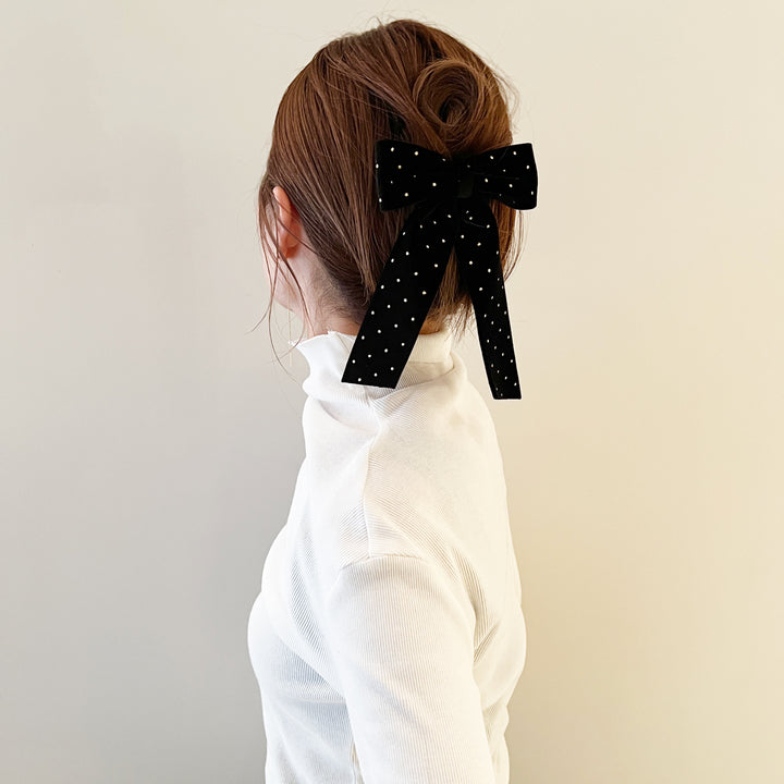 ベルベット ミディアム ボウ  ウィズ ゴールド スタッズ  10cm バレッタ