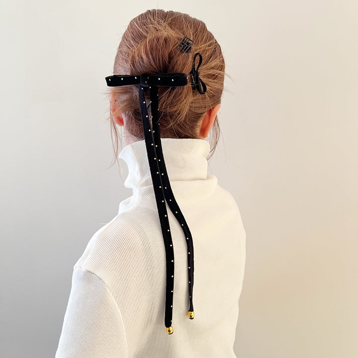 ベルベット ナロー ボウ  ウィズ ゴールド スタッズ  8cm バレッタ