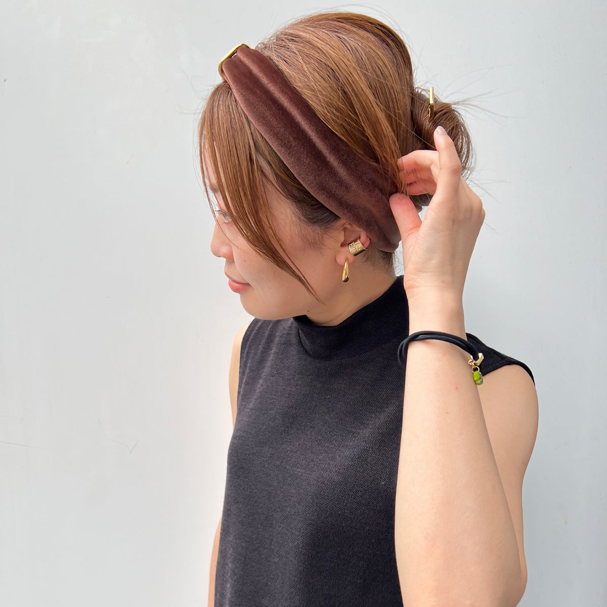 ストレッチ ベロア ヘアバンド ウィズ メタル リムーバブル リング