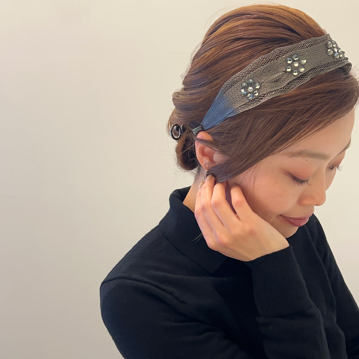 メッシュ シアー クリスタル フラワー ヘッドバンド
