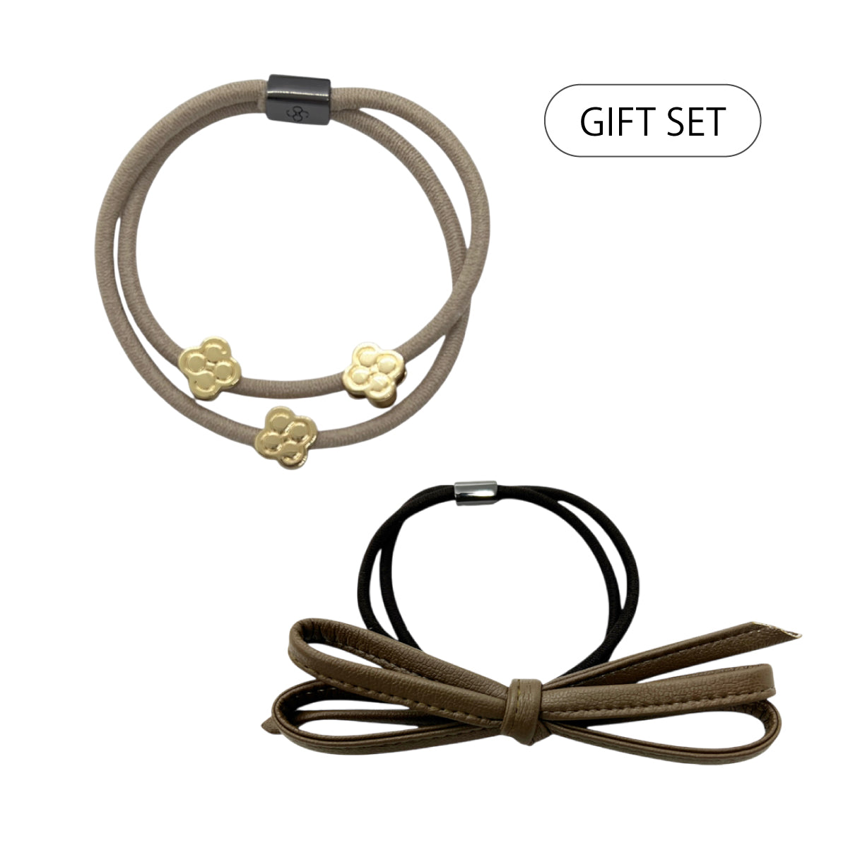 【WEB限定 gift set】トリプル アイコン ビーズ エラスティック+ヴィーガン レザー ボウ ポニー